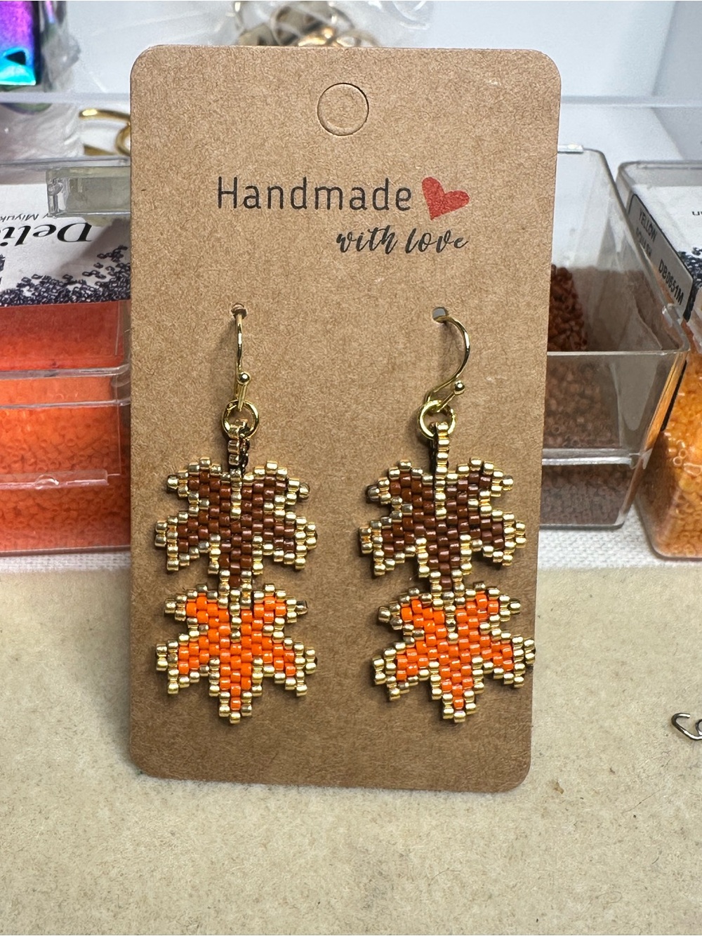 Handmade Brown & Orange Beaded Dangle Earrings
